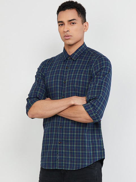 

max Men Green & Navy Blue Regular Fit Checked Casual Shirt