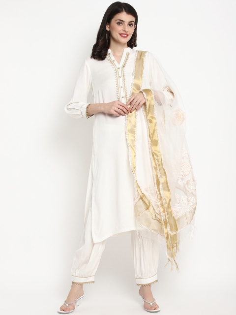 

Tulsattva Women White Yoke Design Kurta with Trousers & Dupatta