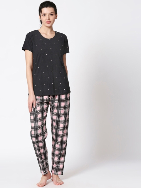 

I like me Women Charcoal Grey & Pink Printed Night Suit