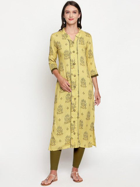 

Lobaanya Women Mustard & Olive Green Printed A-Line Kurta
