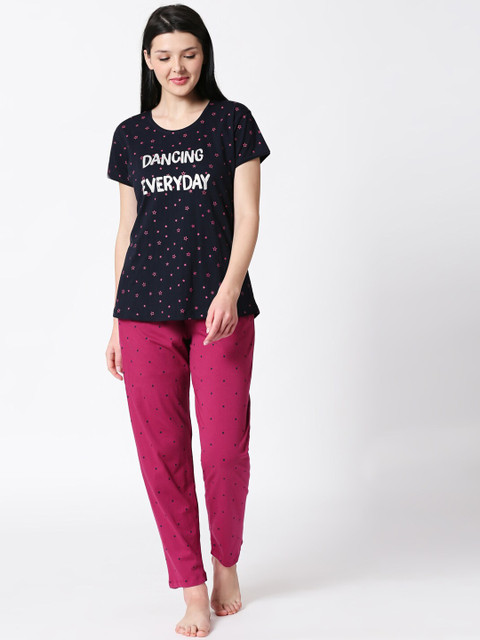 

I like me Women Navy Blue & Purple Printed Night suit