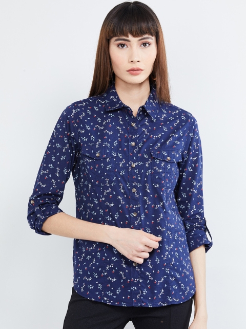 

max Women Navy Blue Printed Shirt Style Top