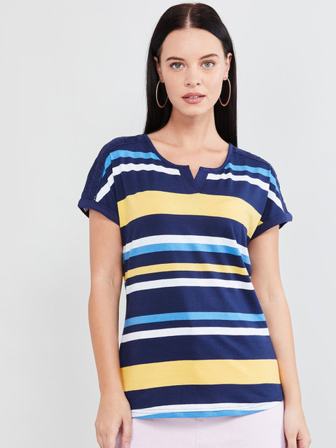 

max Women Navy Blue Striped Pure Cotton Top