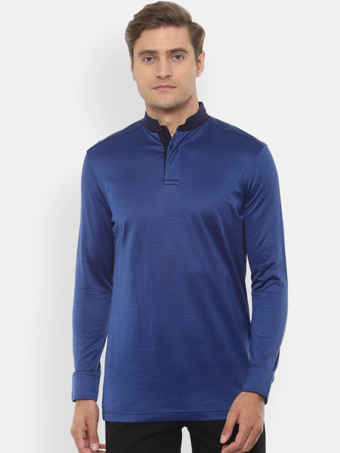 

Louis Philippe Men Blue Self Design Mandarin Collar T-shirt