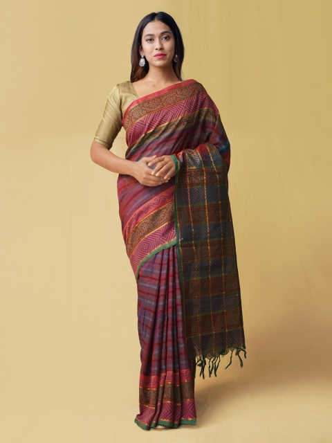 

Unnati Silks Maroon & Blue Silk Cotton Striped Uppada Saree