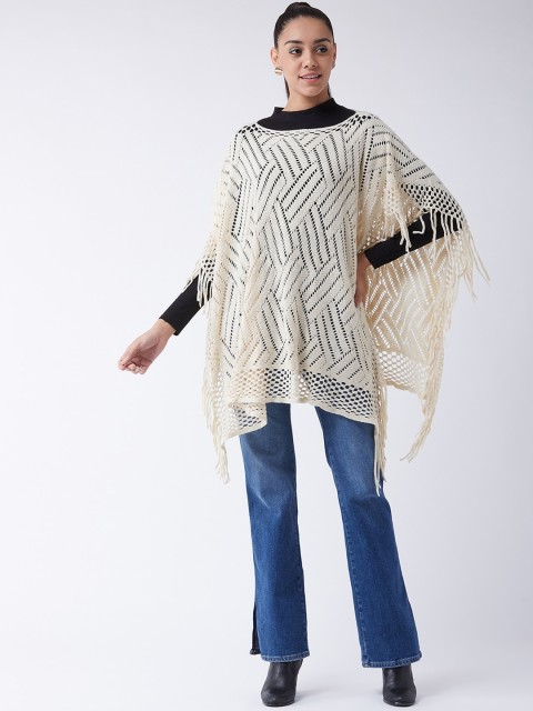 

InWeave Women Cream-Coloured Self Design Poncho Longline Sweater
