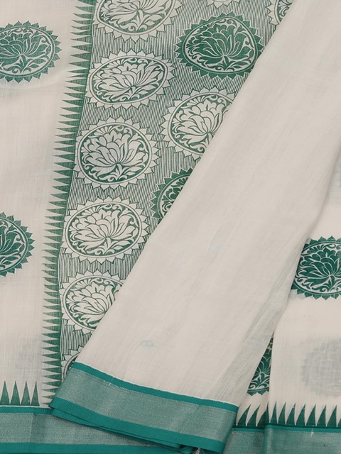 

Pothys Off-White & Green Linen Blend Woven Design Saree
