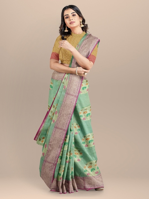 

BharatSthali Sea Green & Gold-Toned Woven Design Banarasi Sustainable Saree