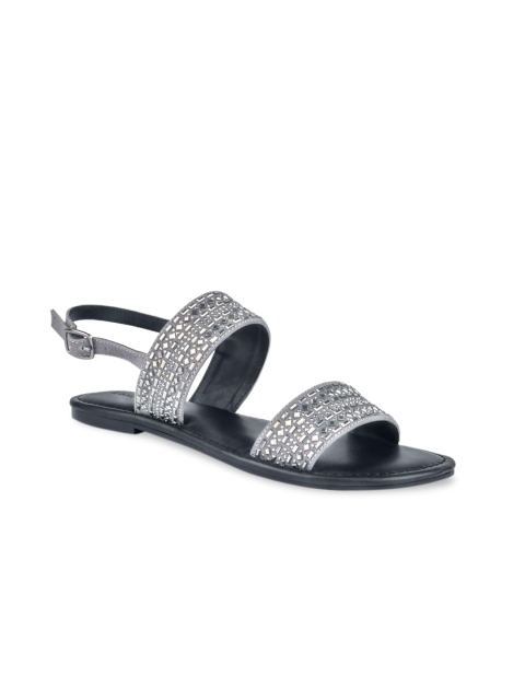 

London Rag Women Grey Embellished Suede Open Toe Flats