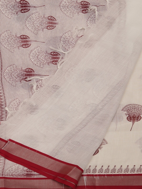 

Pothys Off-White Printed Linen Blend Saree