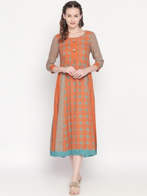 

Lobaanya Women Orange Checked Fit and Flare Dress