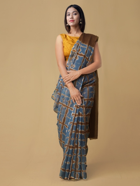 

Unnati Silks Brown & Navy Blue Pure Cotton Checked Kota Saree