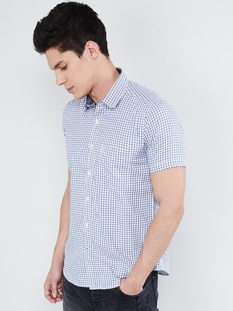 max Men White & Blue Regular Fit Checked Casual Shirt