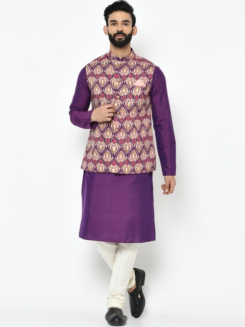 

KISAH Men Purple & Cream-Coloured Solid Kurta with Churidar