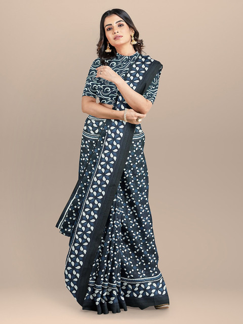 

BharatSthali Teal Blue & White Pure Cotton Printed Handloom Saree
