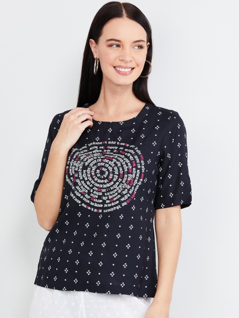 

max Women Charcoal Grey Printed Top