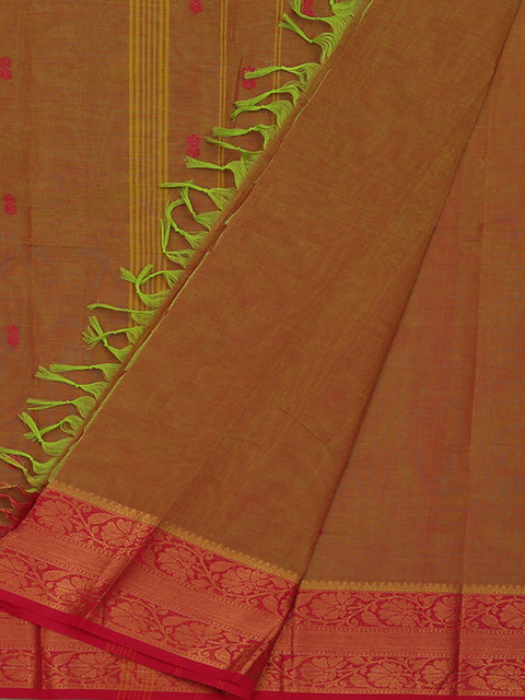 

Pothys Mustard Yellow & Red Pure Cotton Embroidered Saree