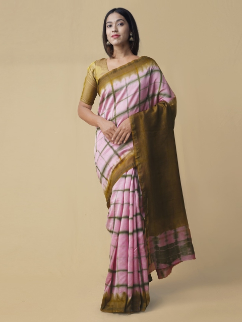 

Unnati Silks Pink Silk Cotton Checked Chanderi Saree