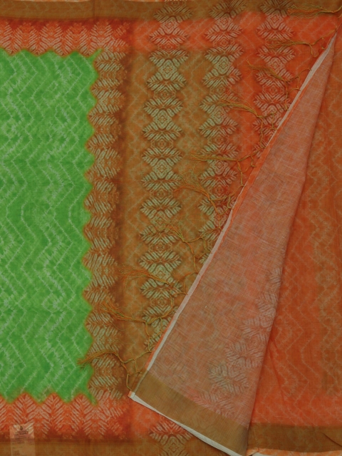 

Pothys Green & Orange Linen Blend Embroidered Saree