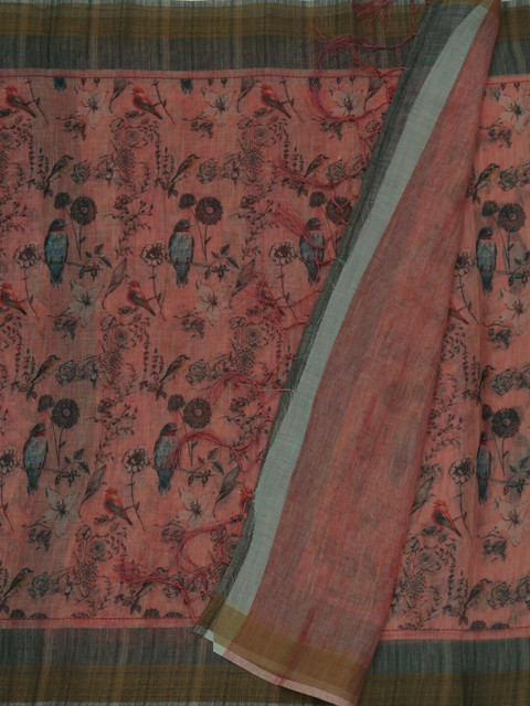 

Pothys Peach-Coloured & Blue Linen Blend Printed Saree