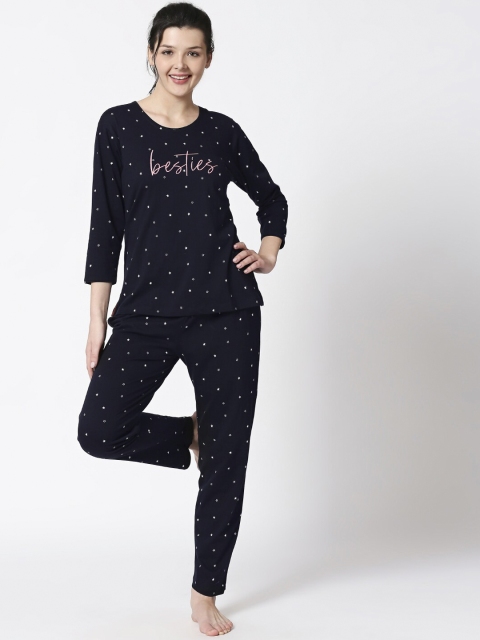 

I like me Women Navy Blue & Pink Printed Night suit