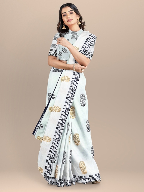 

BharatSthali White Printed Pure Cotton Saree