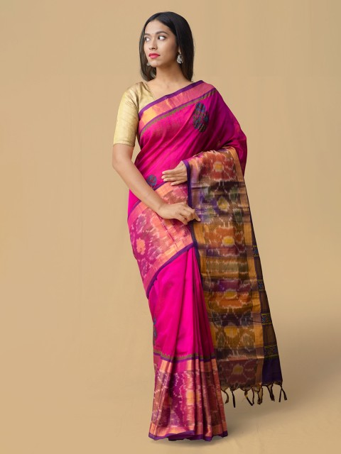 

Unnati Silks Pink & Blue Silk Cotton Woven Design Pochampally Saree