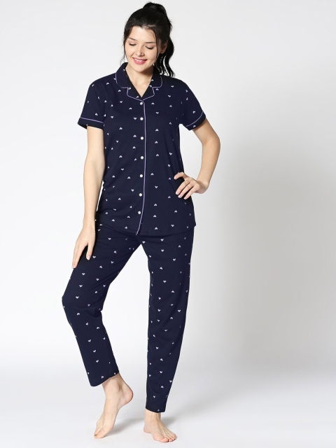 

I like me Women Navy Blue & Lavender Printed Night Suit