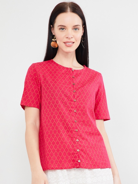 max Women Pink & Yellow Printed Shirt Style Top