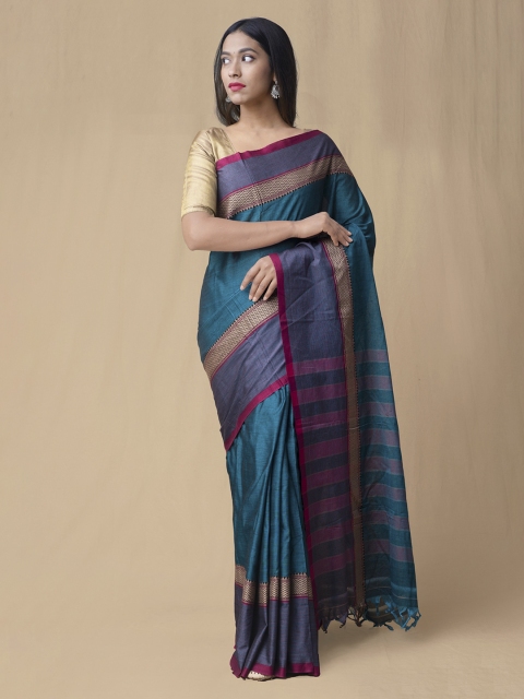 

Unnati Silks Blue & Gold-Coloured Pure Cotton Woven Design Narayan Peth Saree