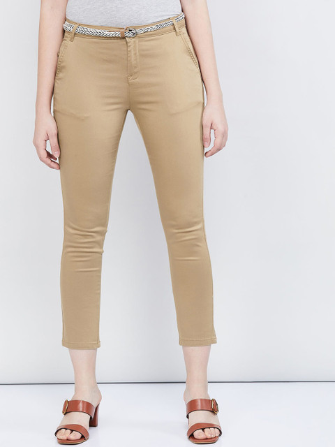 

max Women Khaki Slim Fit Solid Regular Trousers