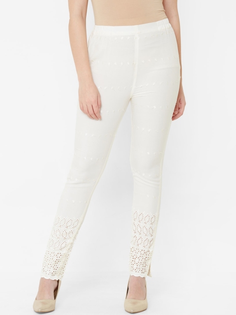 

Juliet Women Cream Tapered Fit Embroidered Cigarette Trousers