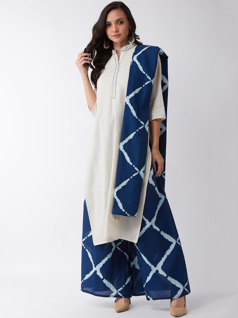 

InWeave Women Off-White & Blue Solid Kurta with Palazzos & Dupatta