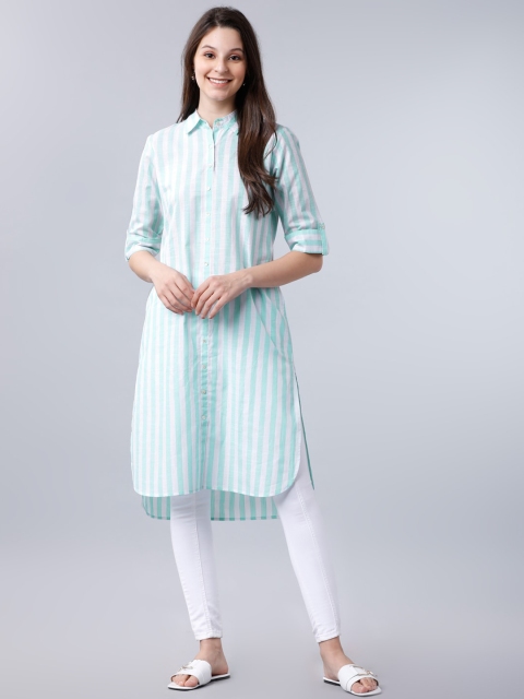 

Vishudh Women Green & White Striped Pathani Kurta