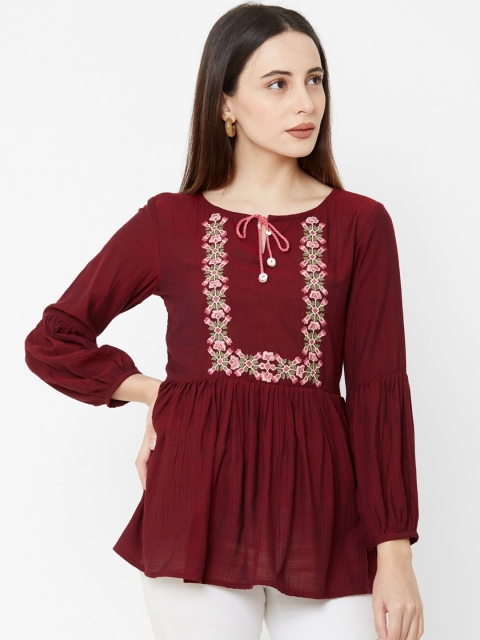 

Os Women Maroon Embroidered A-Line Top
