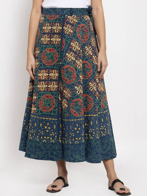 

SOUNDARYA Teal Blue Printed Wrap Pure Cotton Skirt