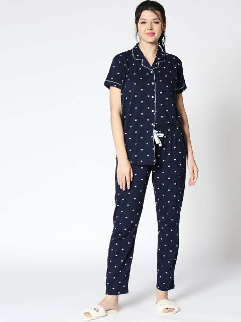 

I like me Women Navy Blue & White Printed Night suit