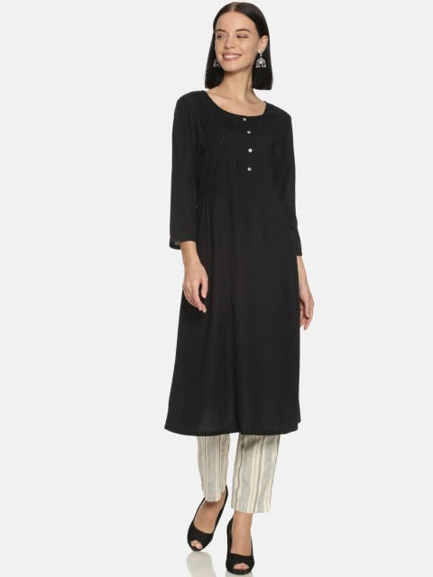 

Saffron Threads Women Black Embroidered A-Line Kurta