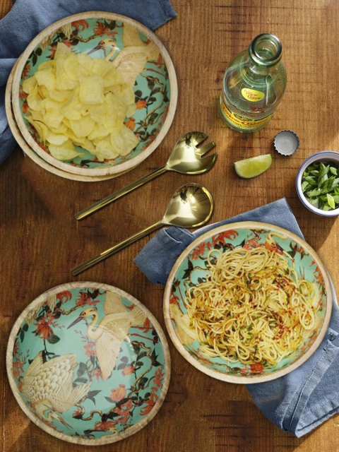 

nestroots Set Of 4 Green & Brown Printed Wooden Serving Bowls