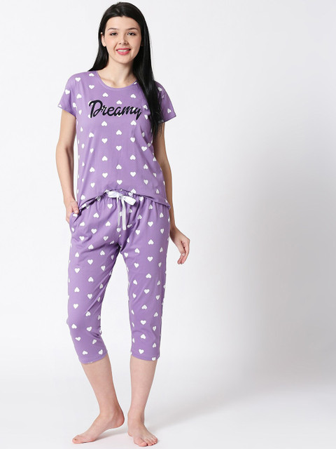 

I like me Women Purple & White Heart Shaped Print Night suit