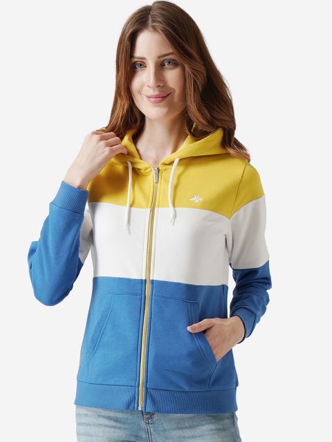 

Mode by Red Tape Women Blue & Yellow Colourblocked Hooded Sweatshirt