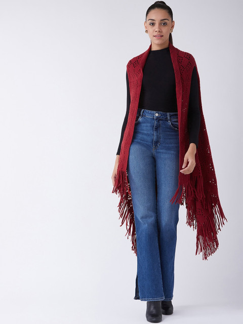 

InWeave Women Maroon Self Design Front-Open Longline Winter Sweater