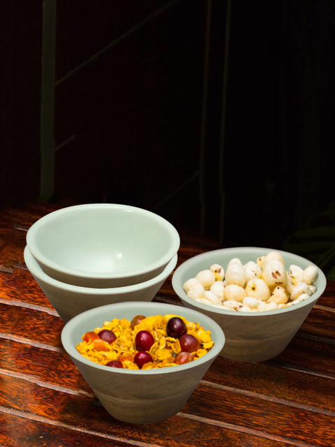 

nestroots Set Of 4 Blue & Brown Solid Printed Wooden Serving Bowls