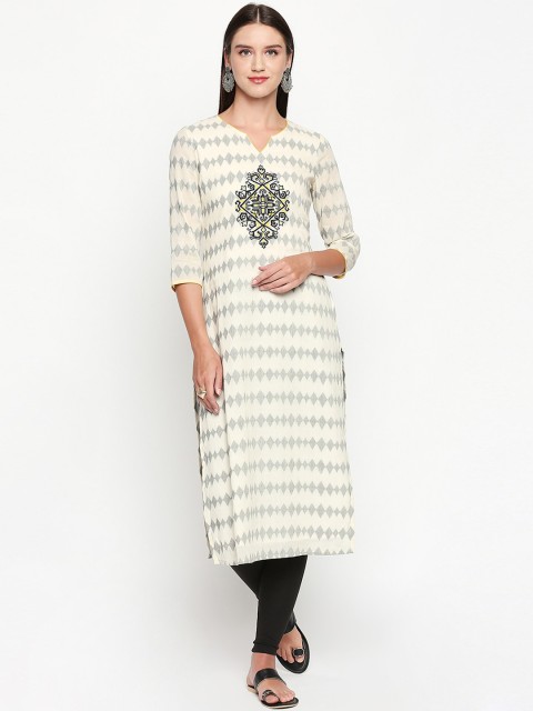 

Lobaanya Women Off-White & Black Printed Straight Kurta