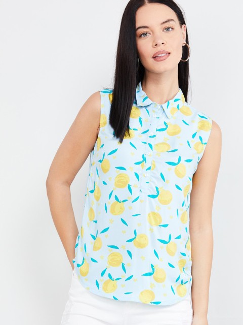 

max Women Blue Printed Shirt Style Top
