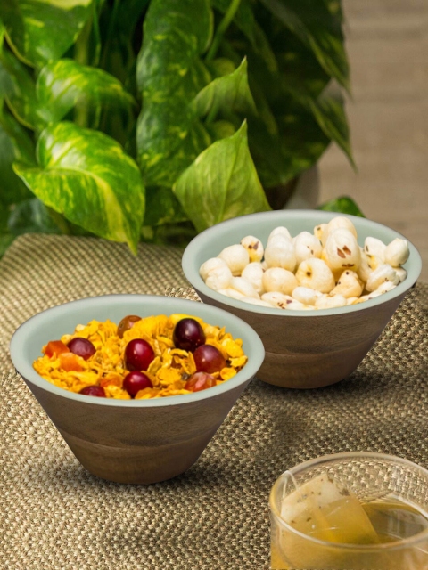 

nestroots 2 Pcs Blue & Brown Wood Bowls Set