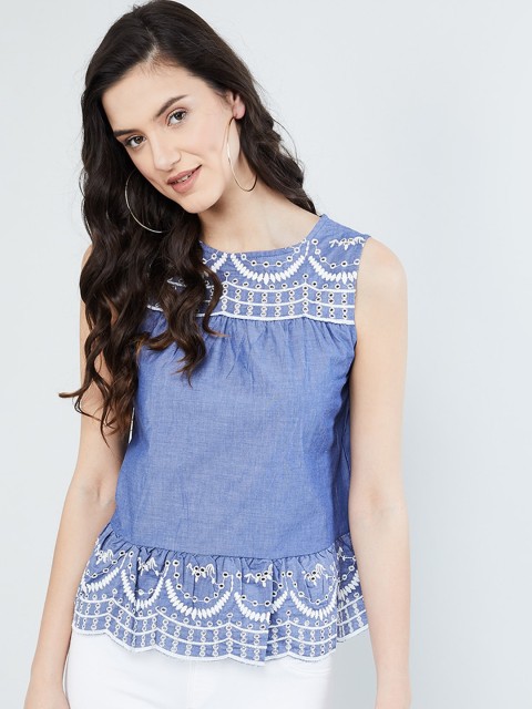 

max Women Blue Embroidered Peplum Top