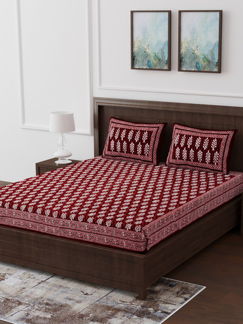 

Gulaab Jaipur Maroon & White Ethnic Motifs 260 TC Cotton 1 King Bedsheet with 2 Pillow Covers