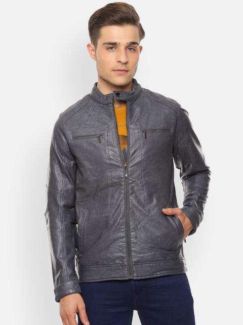 

V Dot Men Grey Solid Biker Jacket
