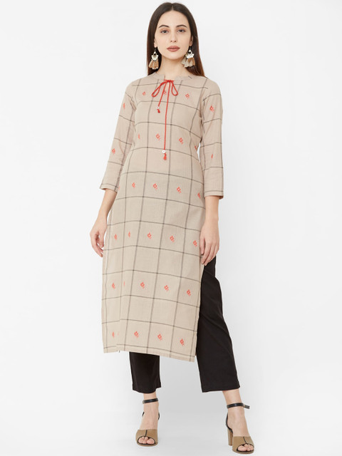 

Os Women Beige Checked Straight Kurta